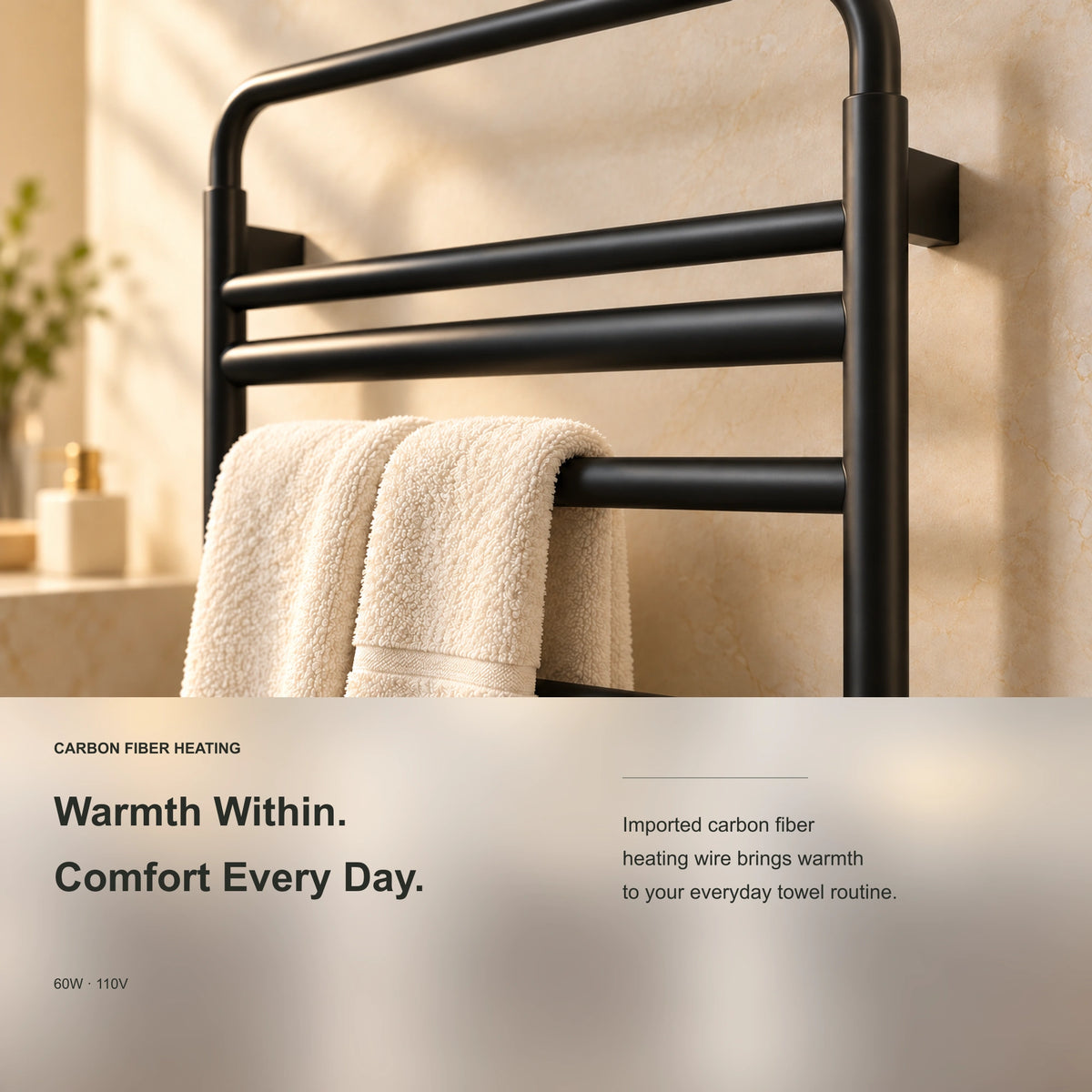 MIRA heated towel rack showing carbon fiber heating information and a towel on the rails.