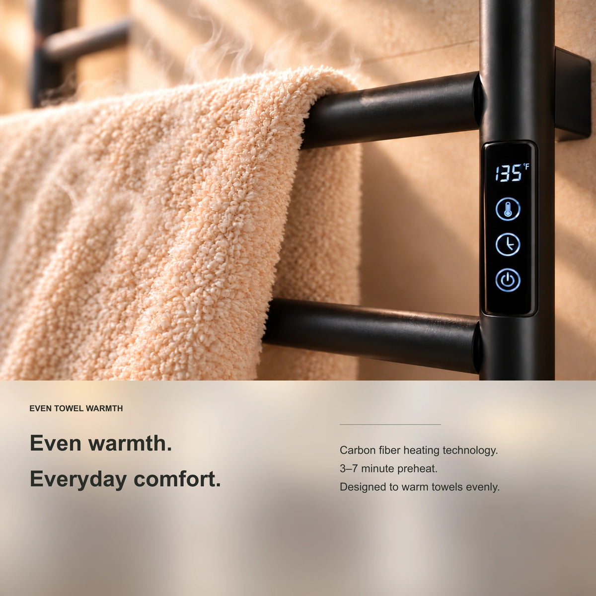 MIRA heated towel rack showing a towel draped over the heated rails and even heating information.