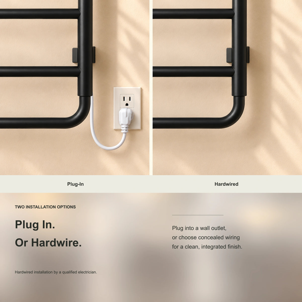MIRA heated towel rack showing plug-in and hardwired installation examples.