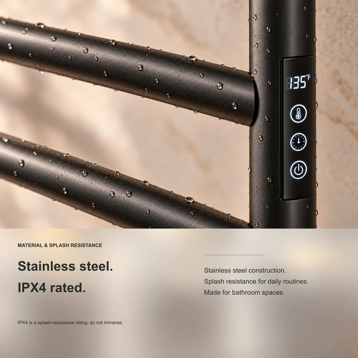 MIRA heated towel rack showing stainless steel rail close-up with water droplets and IPX4 rating information.
