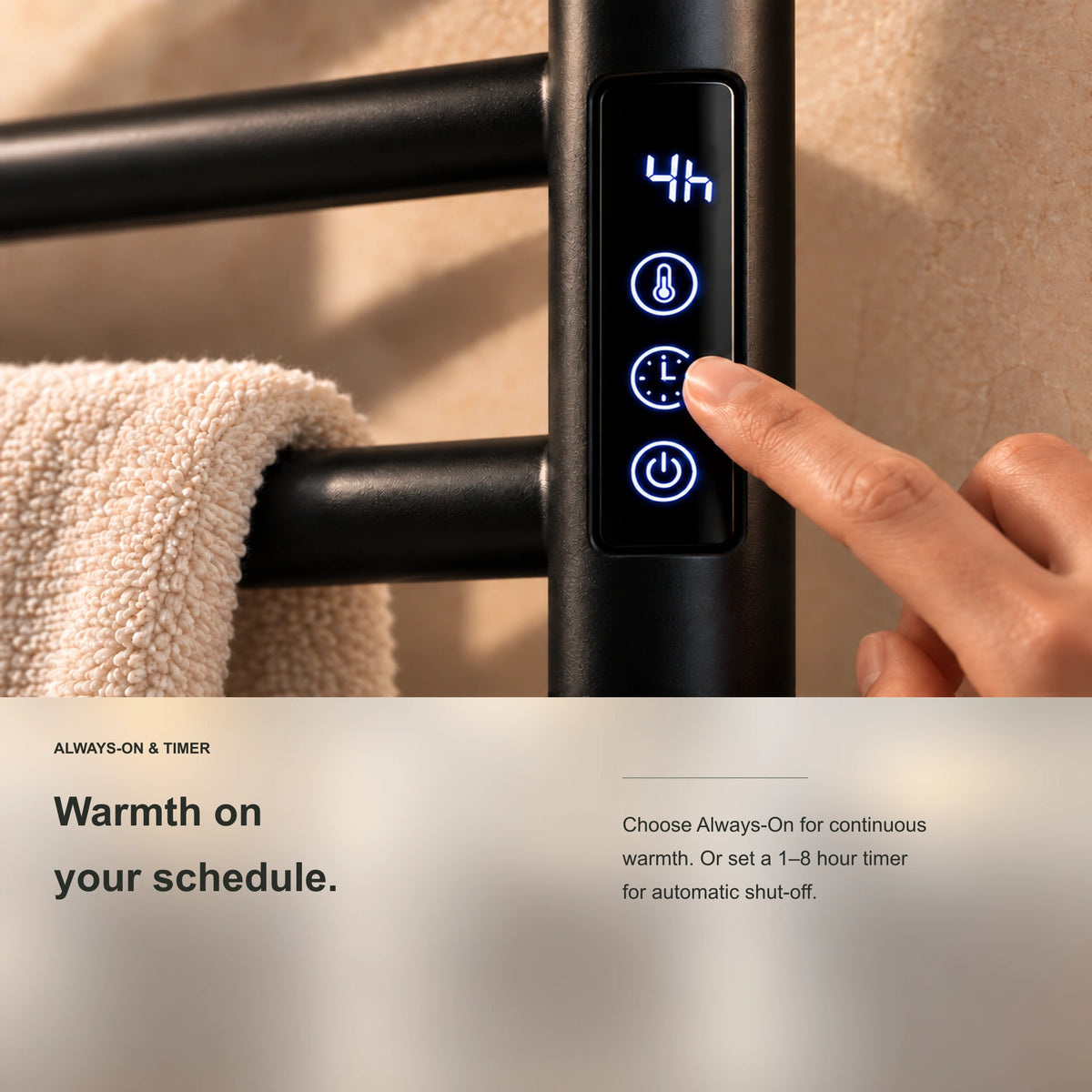 MIRA heated towel rack showing digital timer control and scheduling detail.