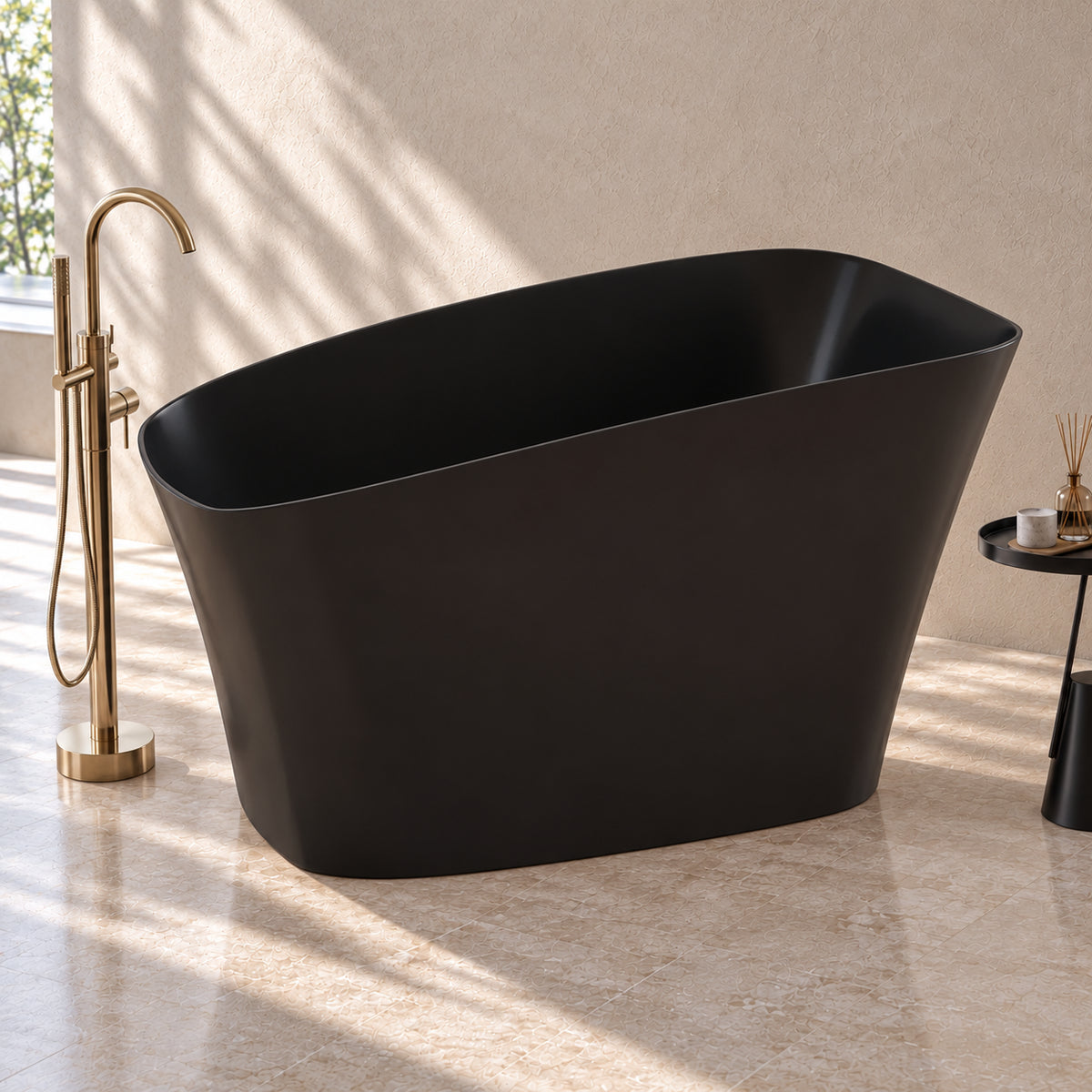 neruma 51 inch matte black solid surface bathtub beige bathroom side view