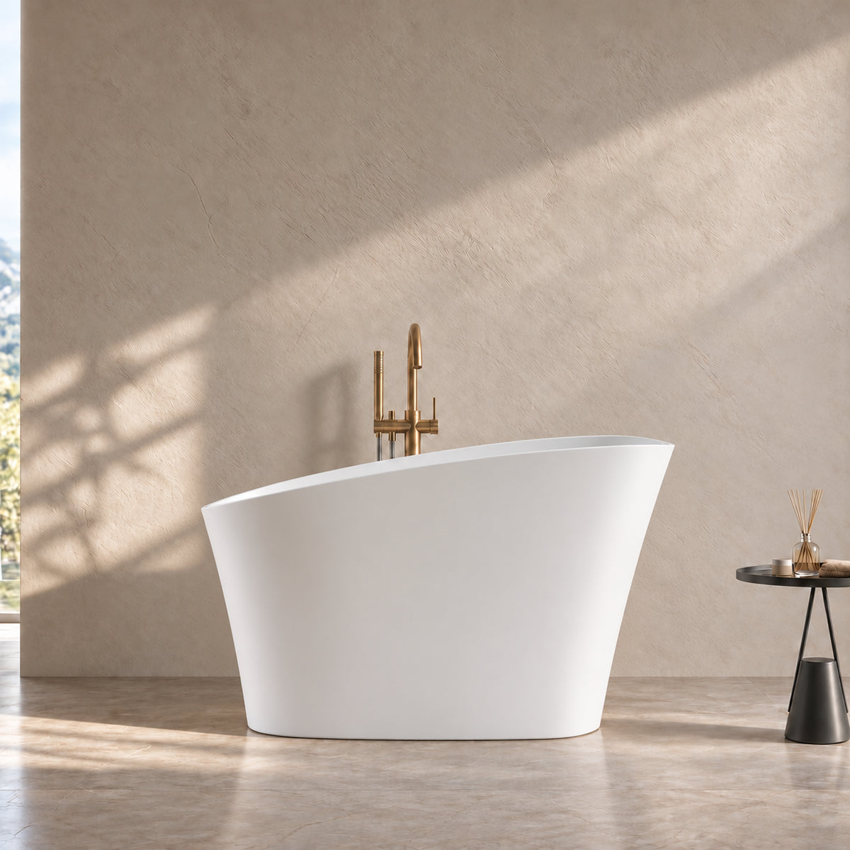 neruma 51 inch matte white solid surface bathtub beige bathroom front view