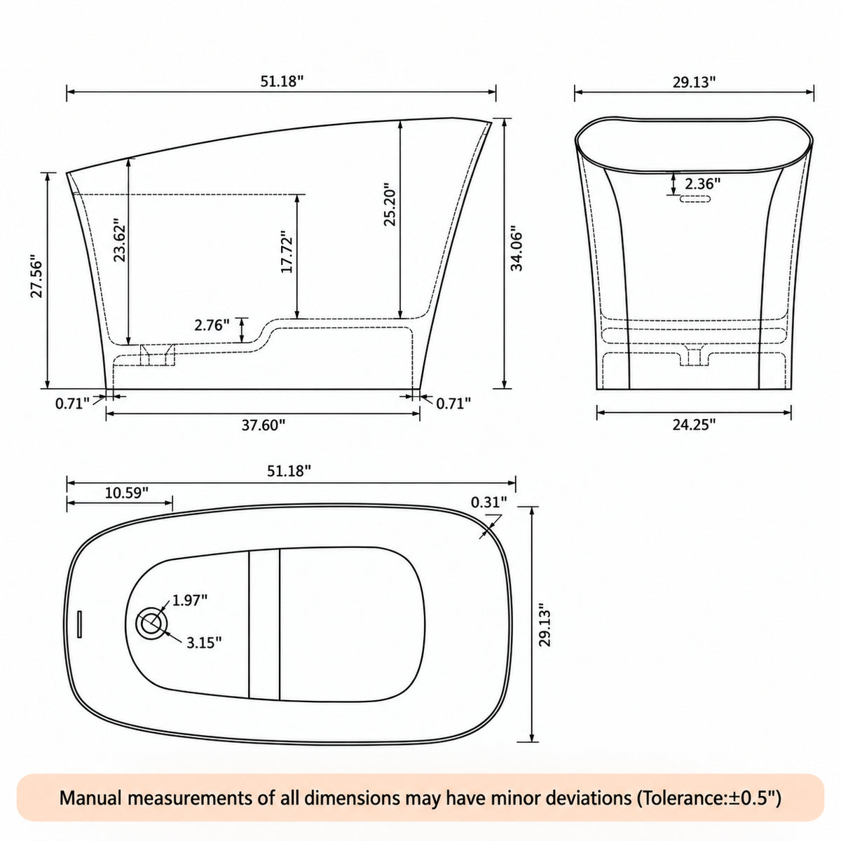 neruma 51 inch matte white solid surface bathtub dimension drawing inches