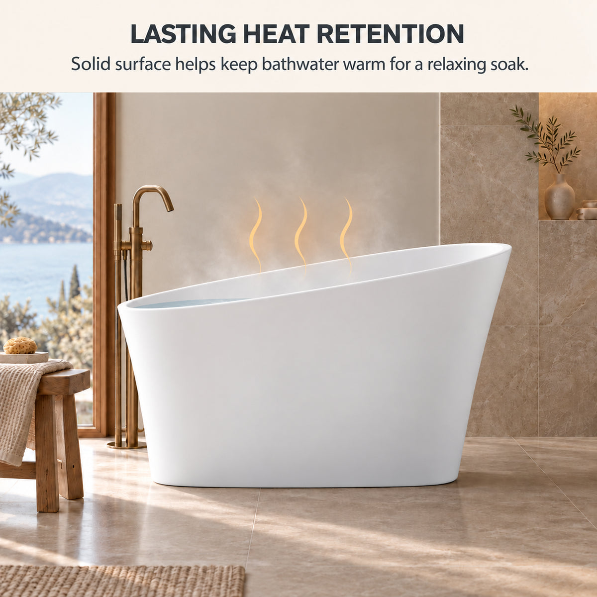 neruma 51 inch matte white solid surface bathtub heat retention