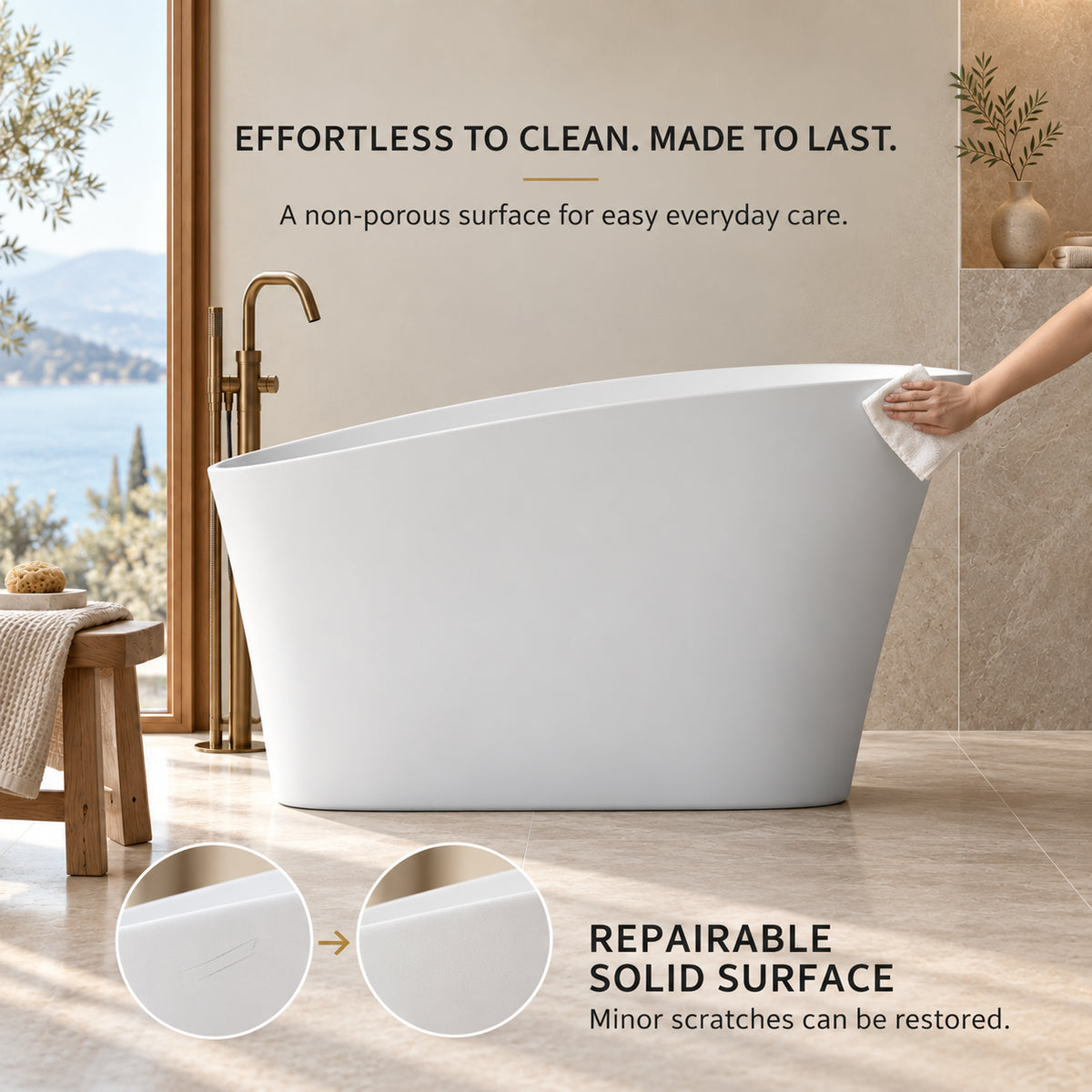 neruma 51 inch matte white solid surface bathtub surface cleaning and repair