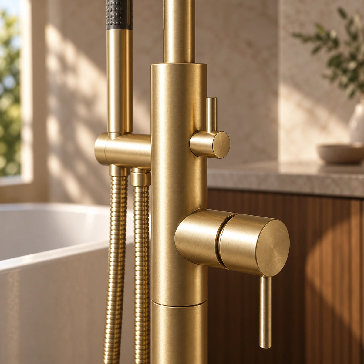 Norelia Stainless Tub Filler Brushed Gold Control Detail