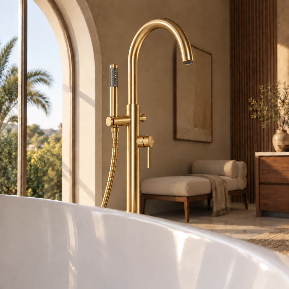 Norelia Stainless Tub Filler Brushed Gold Scene 01