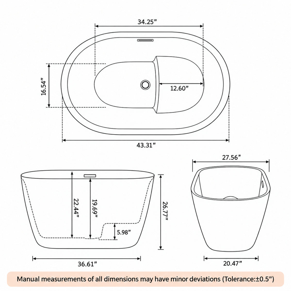 ovelis 43 inch white acrylic bathtub with bench dimension drawing inches