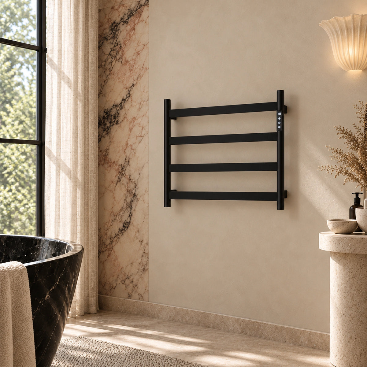 SAIPH black heated towel rack with four wide flat bars mounted in a bathroom setting.