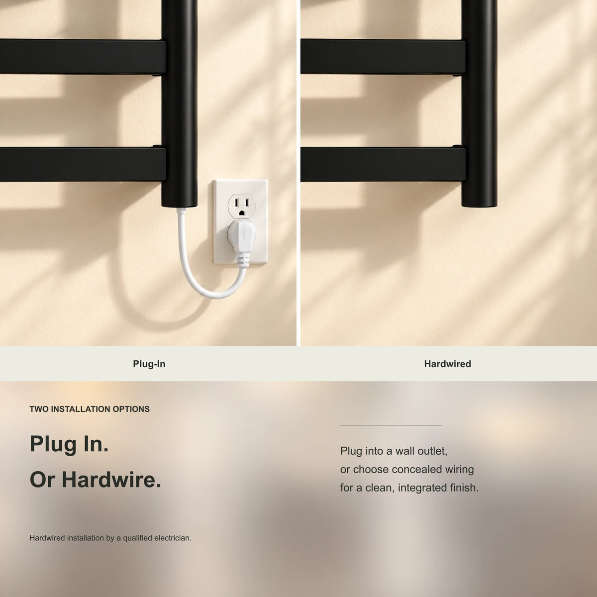 SAIPH heated towel rack showing plug-in and hardwired installation examples.