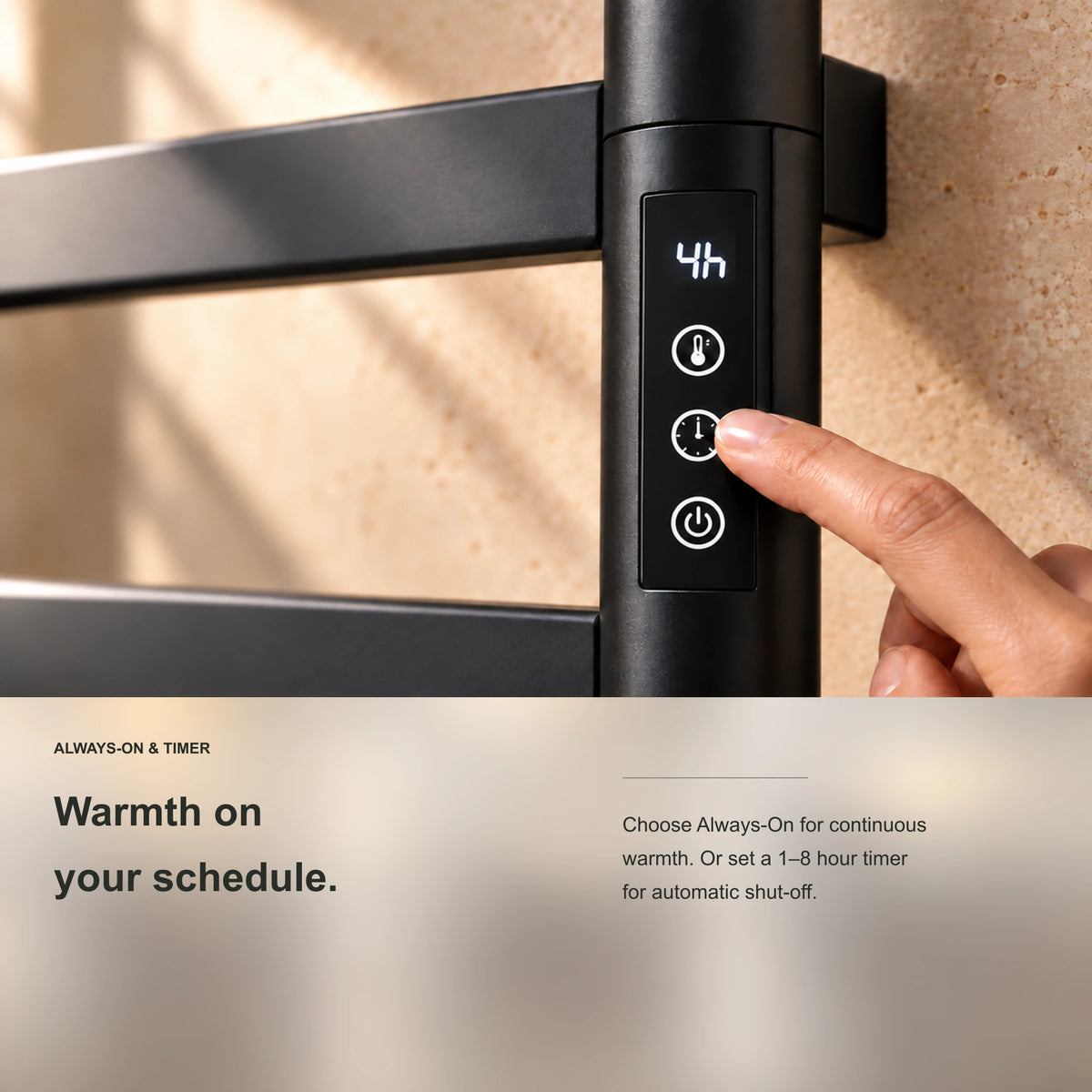 SAIPH heated towel rack showing digital timer control and scheduling detail.