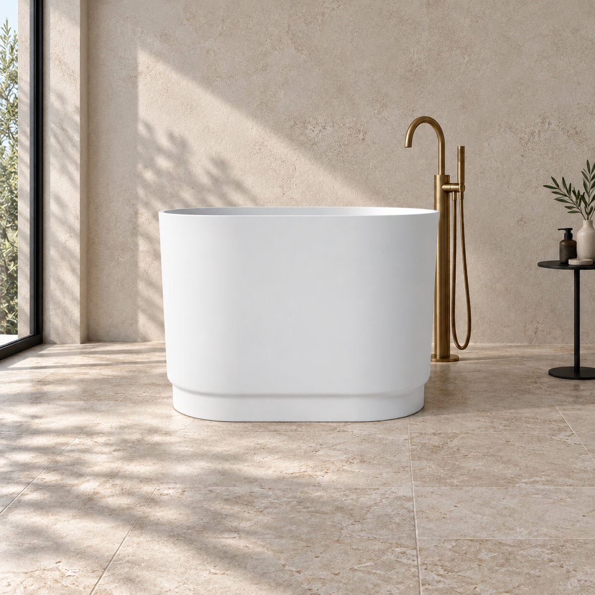 soreli 39 inch matte white solid surface bathtub beige bathroom front view