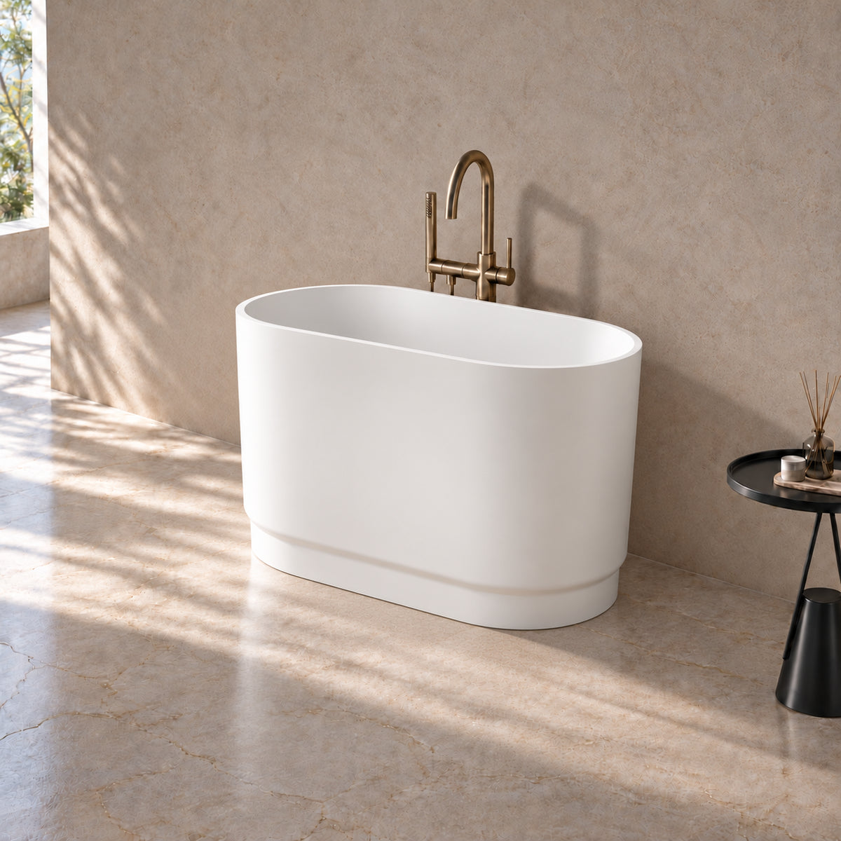 soreli 39 inch matte white solid surface bathtub beige bathroom side view