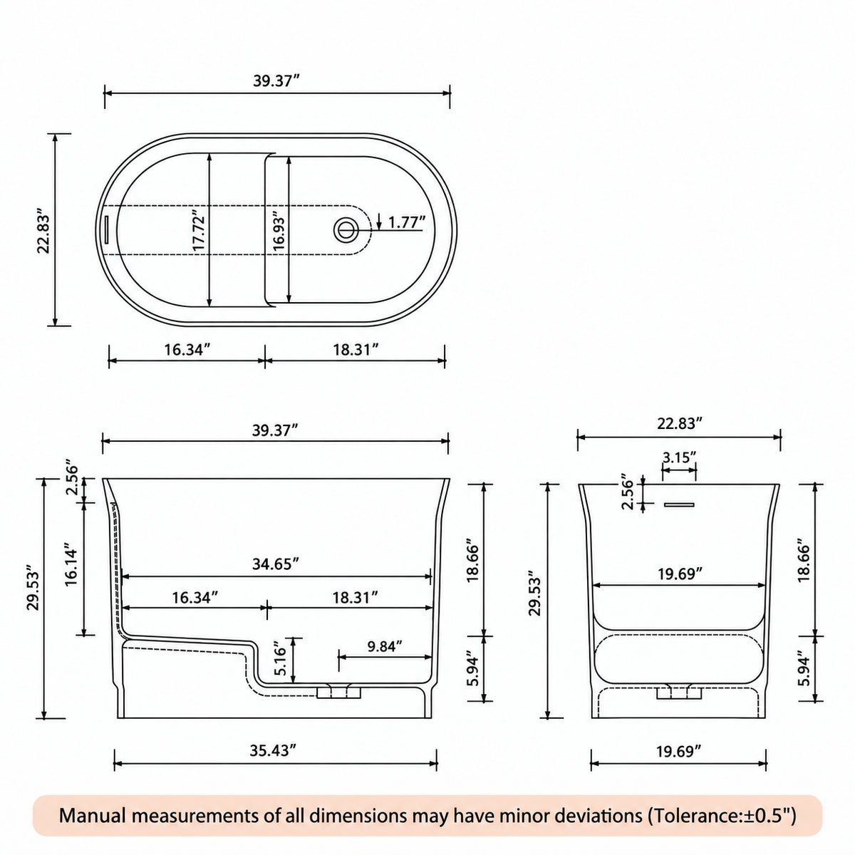 soreli 39 inch matte white solid surface bathtub dimension drawing inches