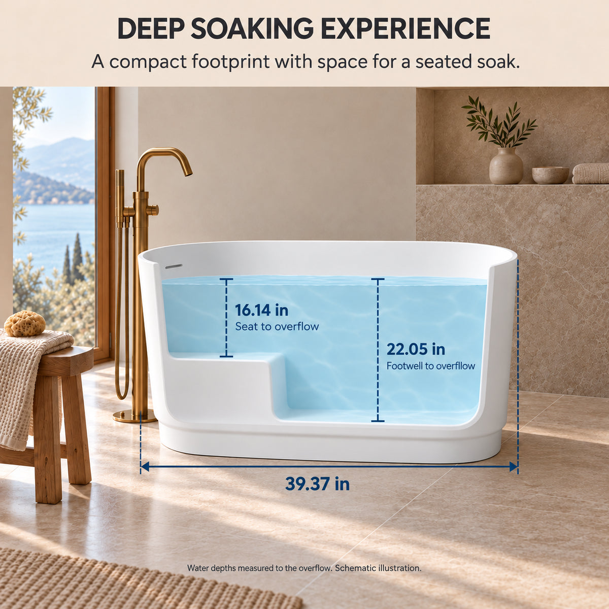 soreli 39 inch matte white solid surface bathtub soaking depth dimensions