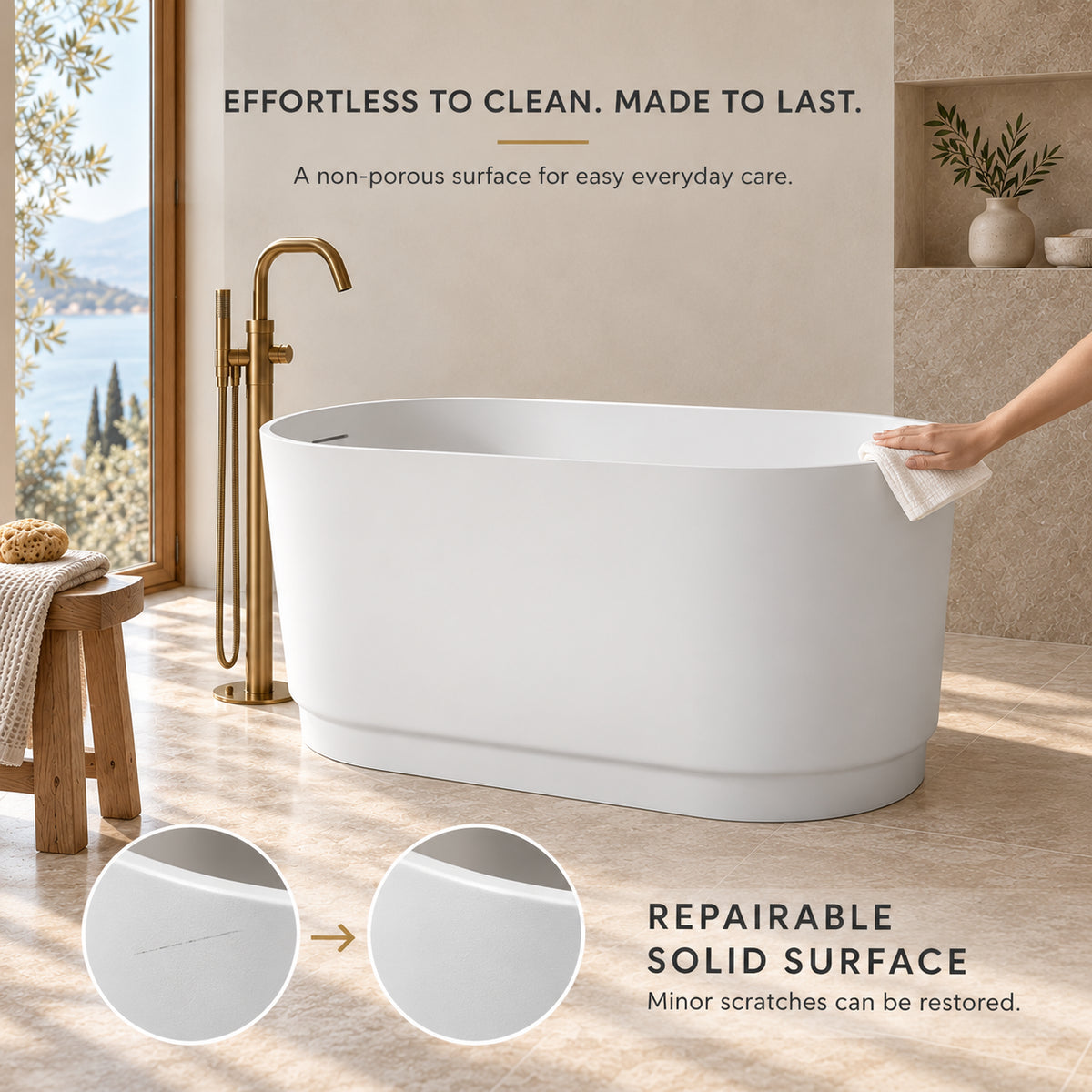 soreli 39 inch matte white solid surface bathtub surface cleaning and repair