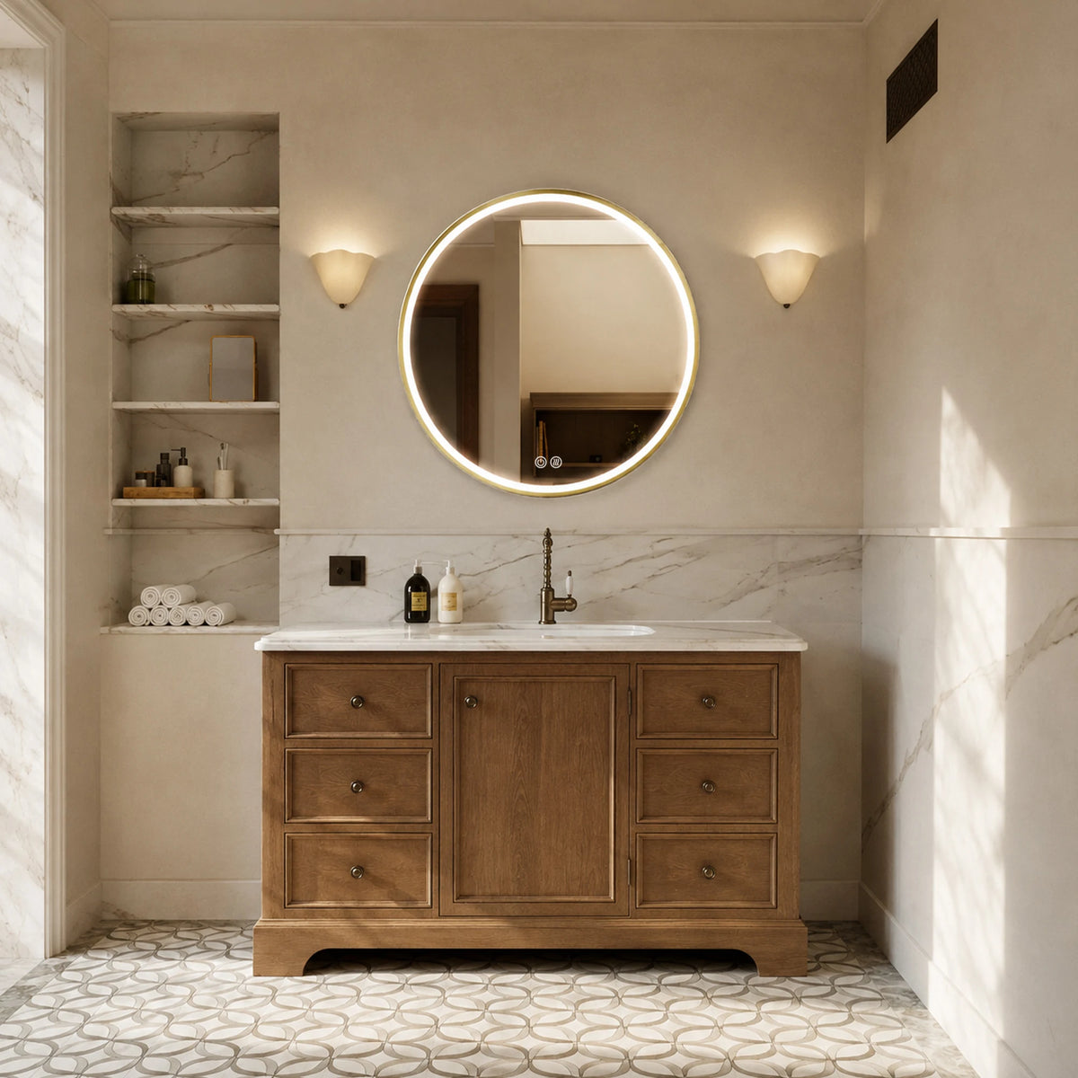 SPICA Round Framed LED Bathroom Mirror in Matte Black or Brushed Gold - lifestyle scene 1