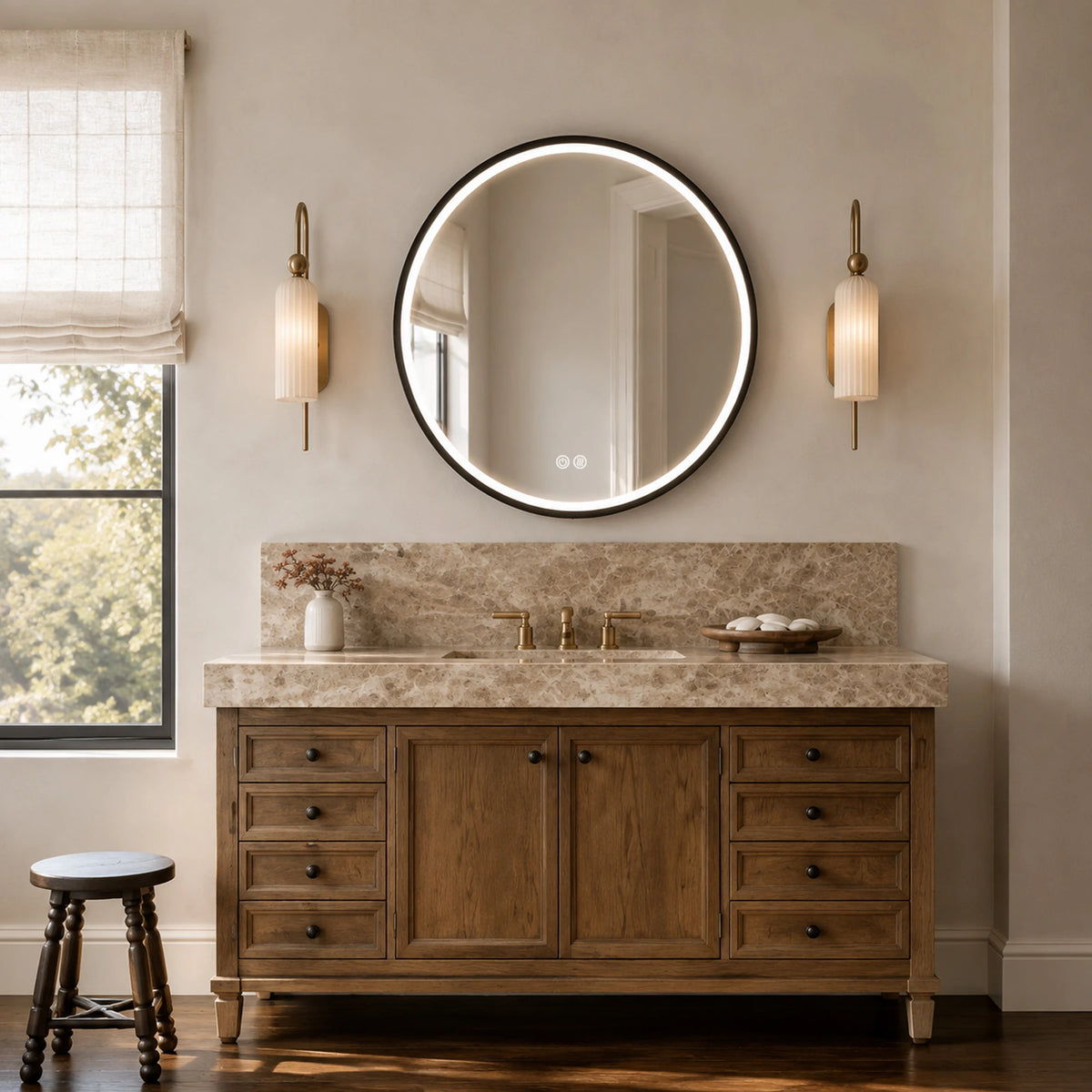 SPICA Round Framed LED Bathroom Mirror in Matte Black or Brushed Gold - lifestyle scene 2