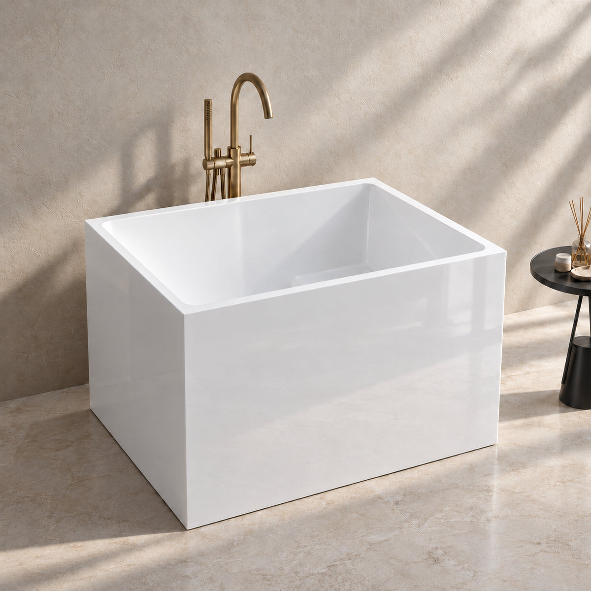 tavren 35 inch white acrylic bathtub with bench beige bathroom side view