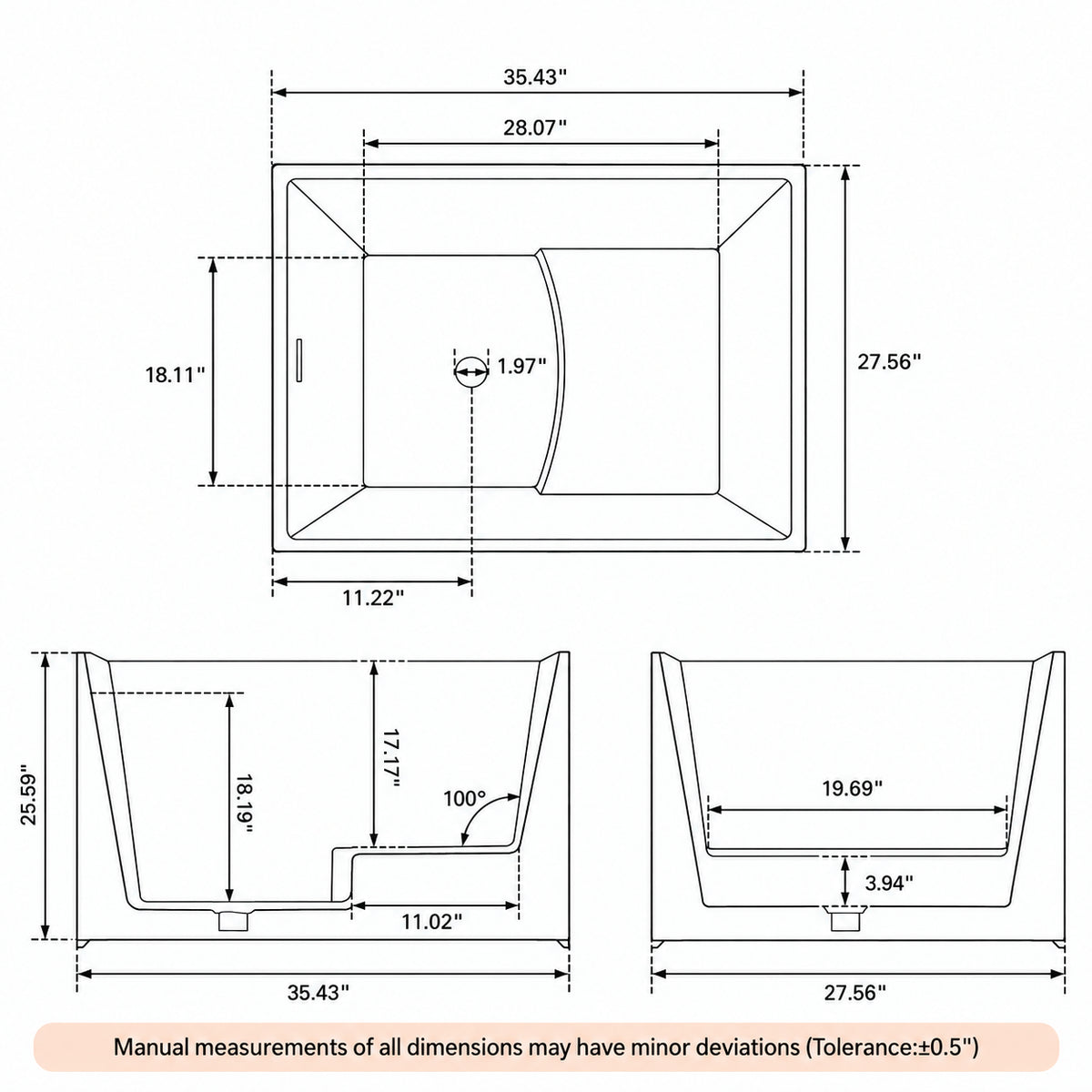 tavren 35 inch white acrylic bathtub with bench dimension drawing inches