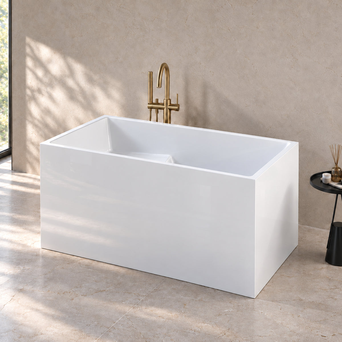 tavren 43 inch white acrylic bathtub with bench beige bathroom side view