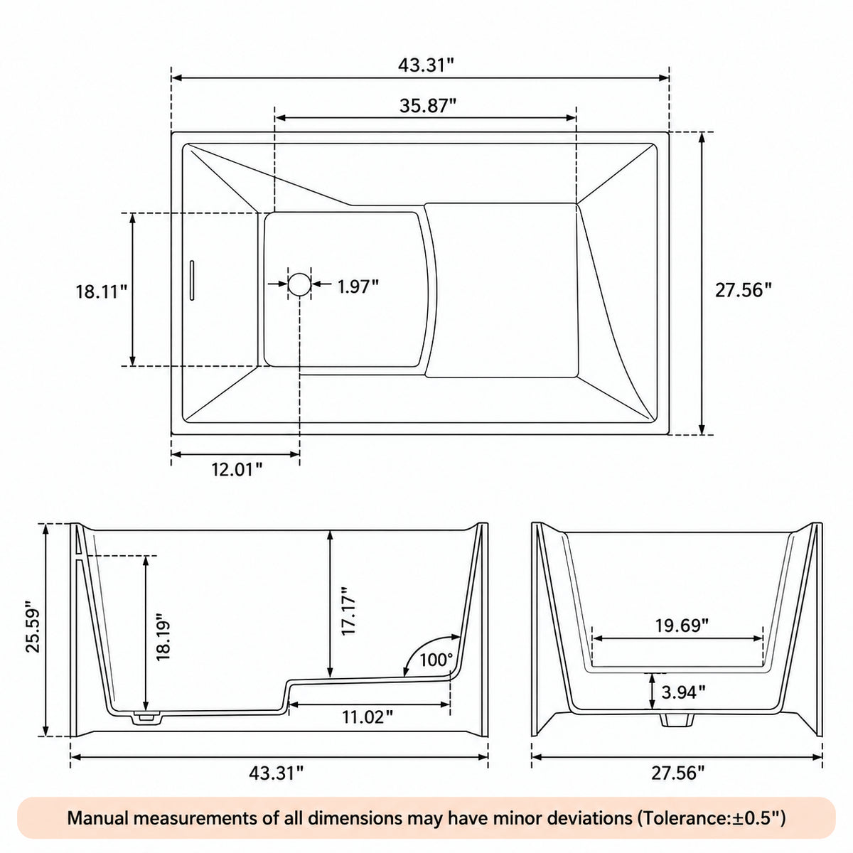 tavren 43 inch white acrylic bathtub with bench dimension drawing inches