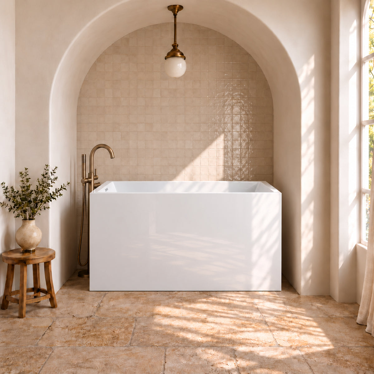 tavren 43 inch white acrylic bathtub with bench window bathroom natural light