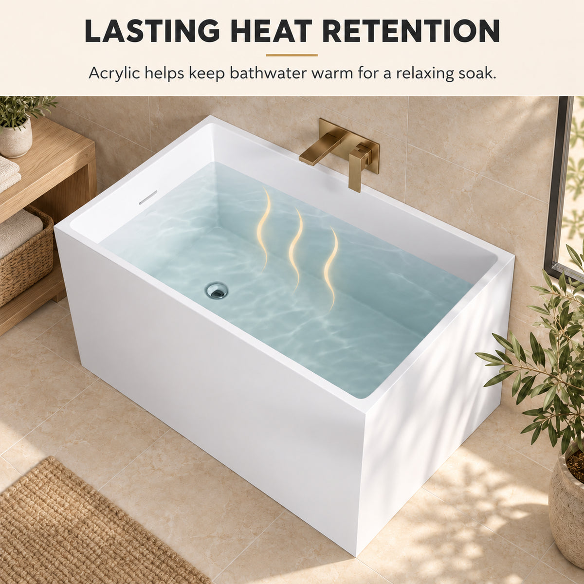 tavren 43 inch white acrylic bathtub without bench heat retention